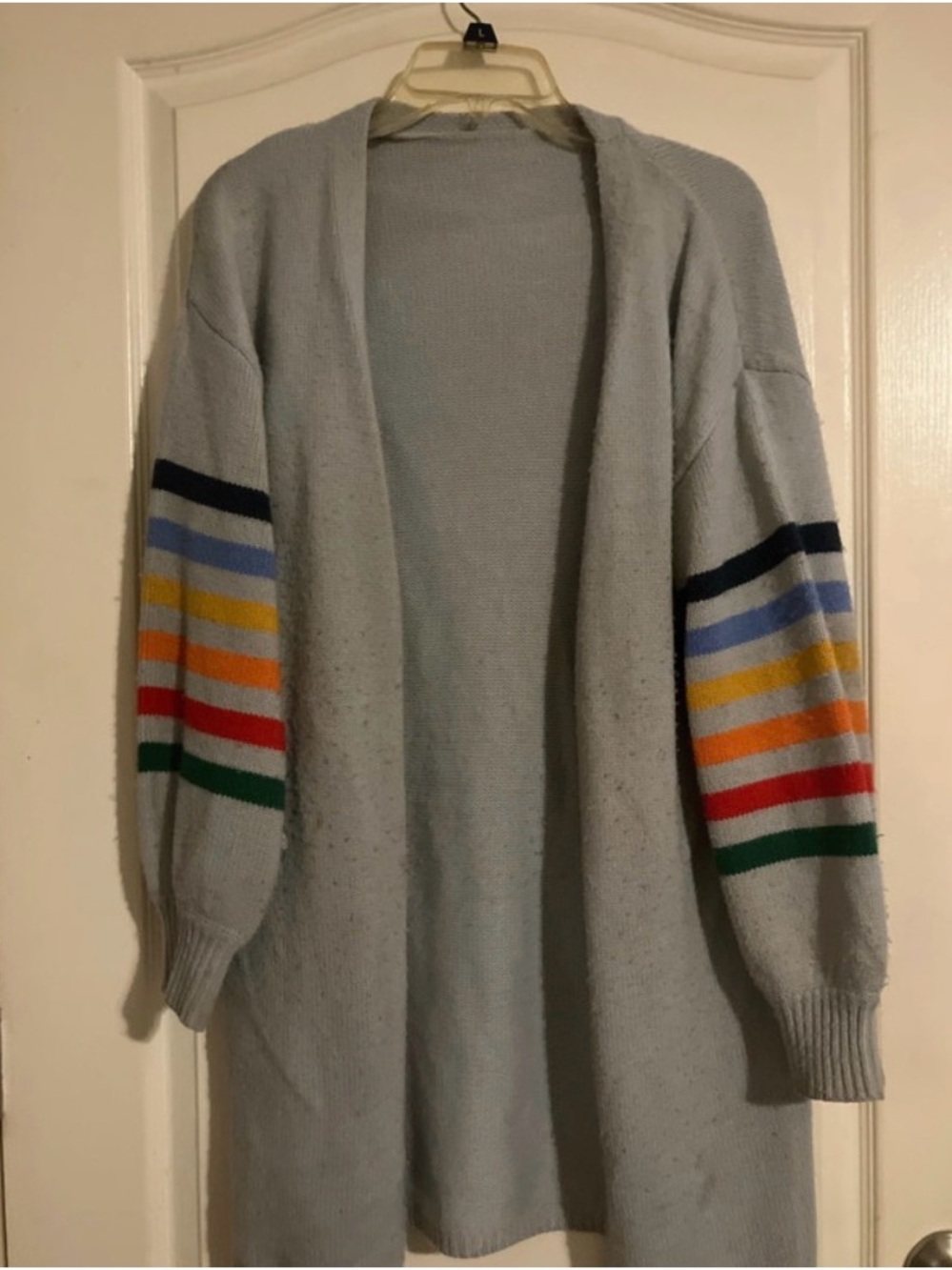 Light Blue Open Cardigan with Multicolor Stripe Sleeves